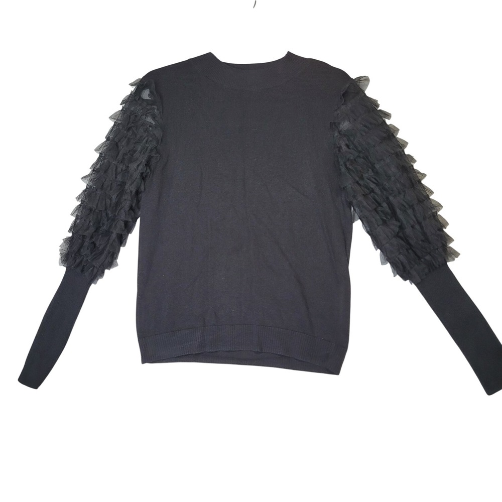CeCe Womens Black Tiered Tulle Ruffle Sleeve Crew Neck Knit Sweater Size S Twee